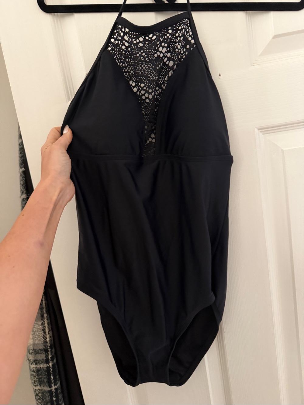 Women’s Black Halter One-Piece Top with Lace Inset